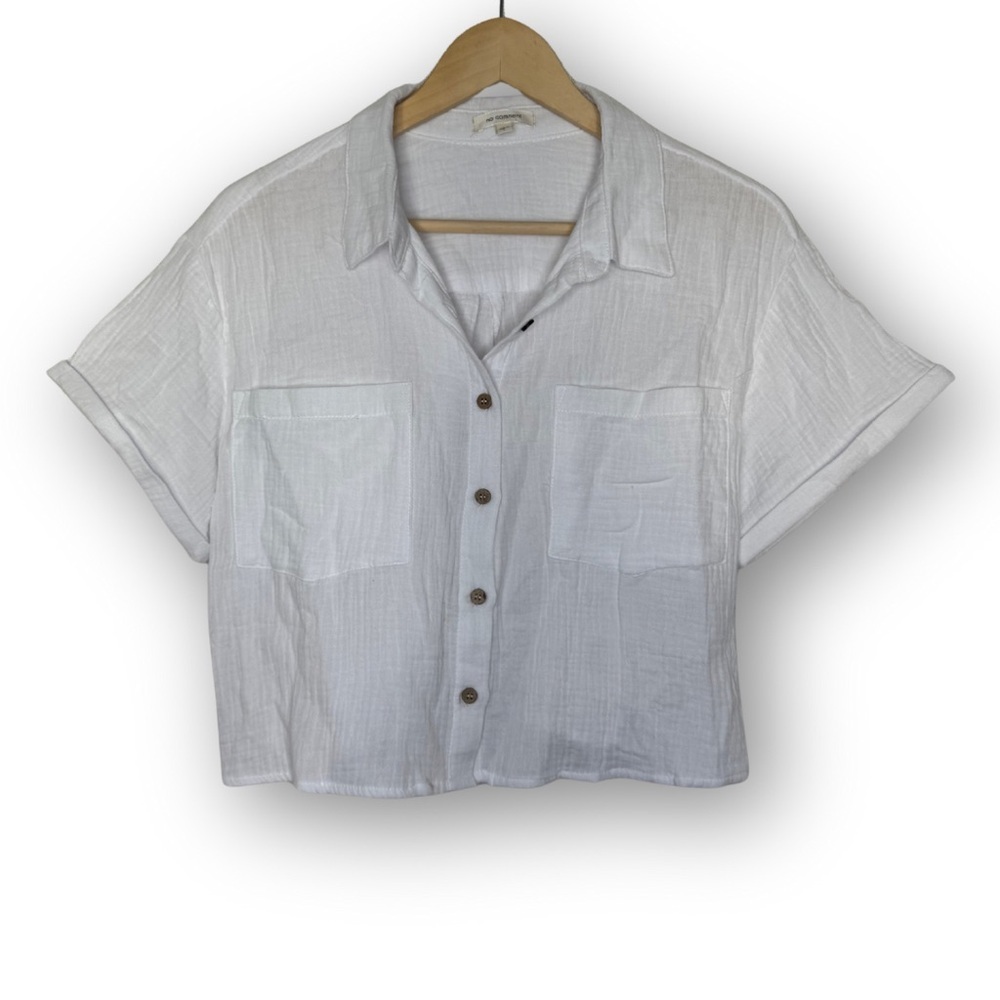 NWOT No Comment White Cotton Cropped Button Down Size Large